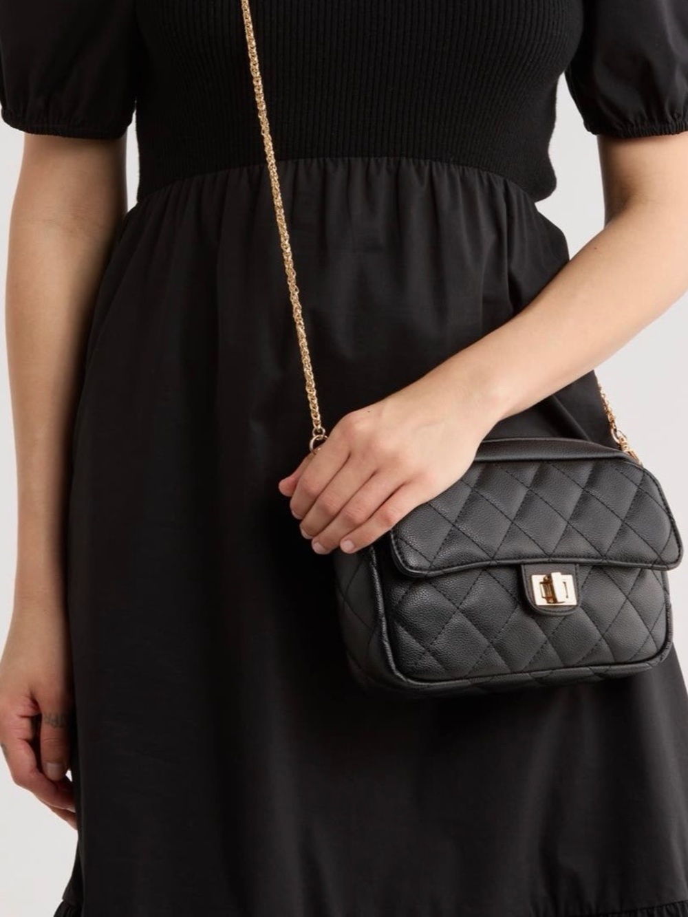 Urban Expressions Quilted Black Crossbody with Gold Turn-Lock
